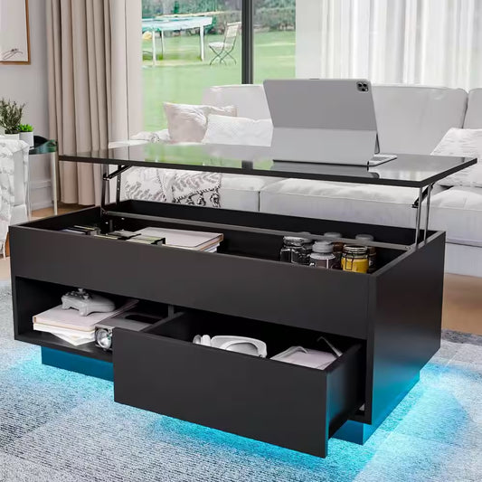 40.16 In. Black Rectangle Particle Board Lift Top Coffee Table with RGB LED Light and Hidden Compartment
