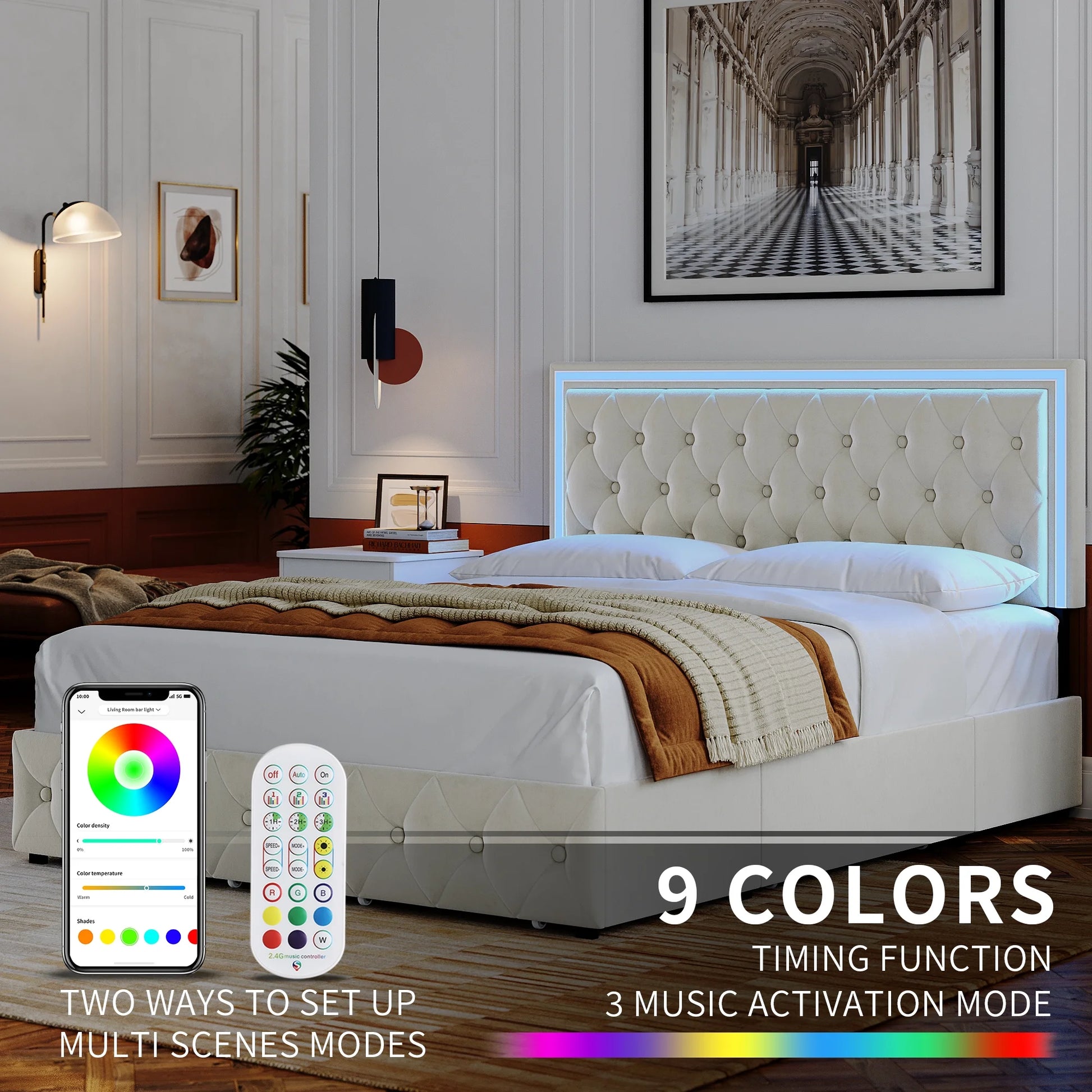 Queen LED Bed with 4 Drawers, LED Lights Platform Storage Bed Frame with Upholstered Adjustable Button Tufted Headboard, Velvet Beige