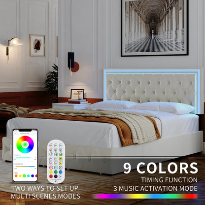 Queen LED Bed with 4 Drawers, LED Lights Platform Storage Bed Frame with Upholstered Adjustable Button Tufted Headboard, Velvet Beige
