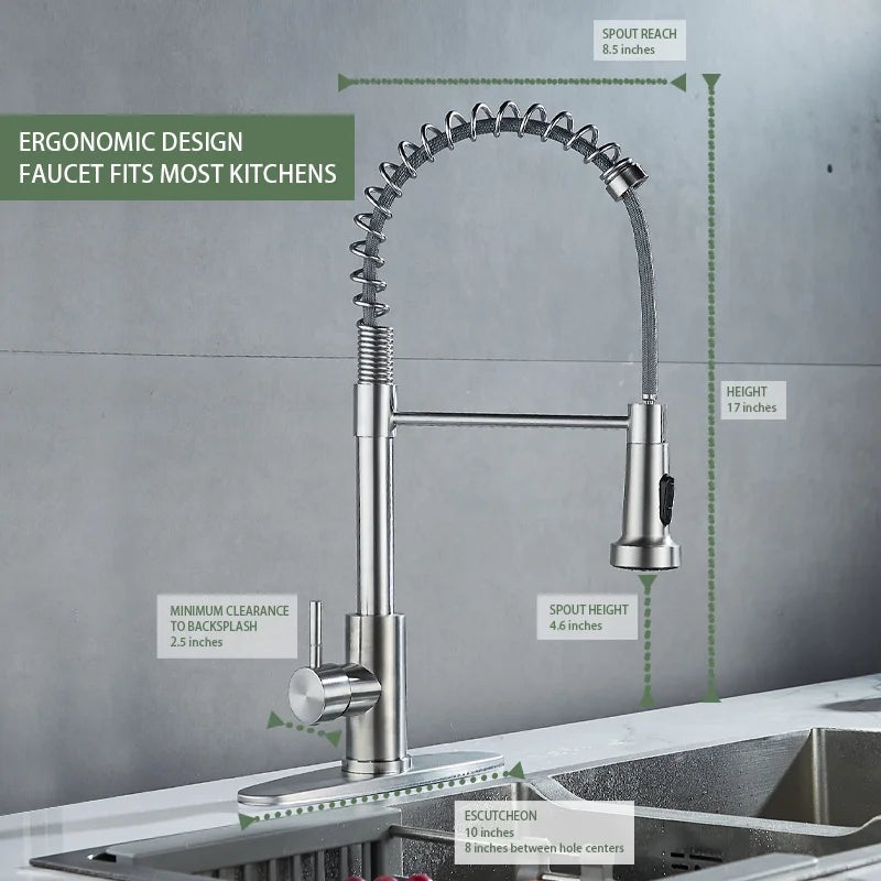 Kitchen Sink Faucet, Kitchen Faucets with Pull down Sprayer Stainless Steel Single Handle Single Hole Brushed Nickel Commercial Industrial Spring Pull Out Laundry Farmhouse Kitchen Faucet