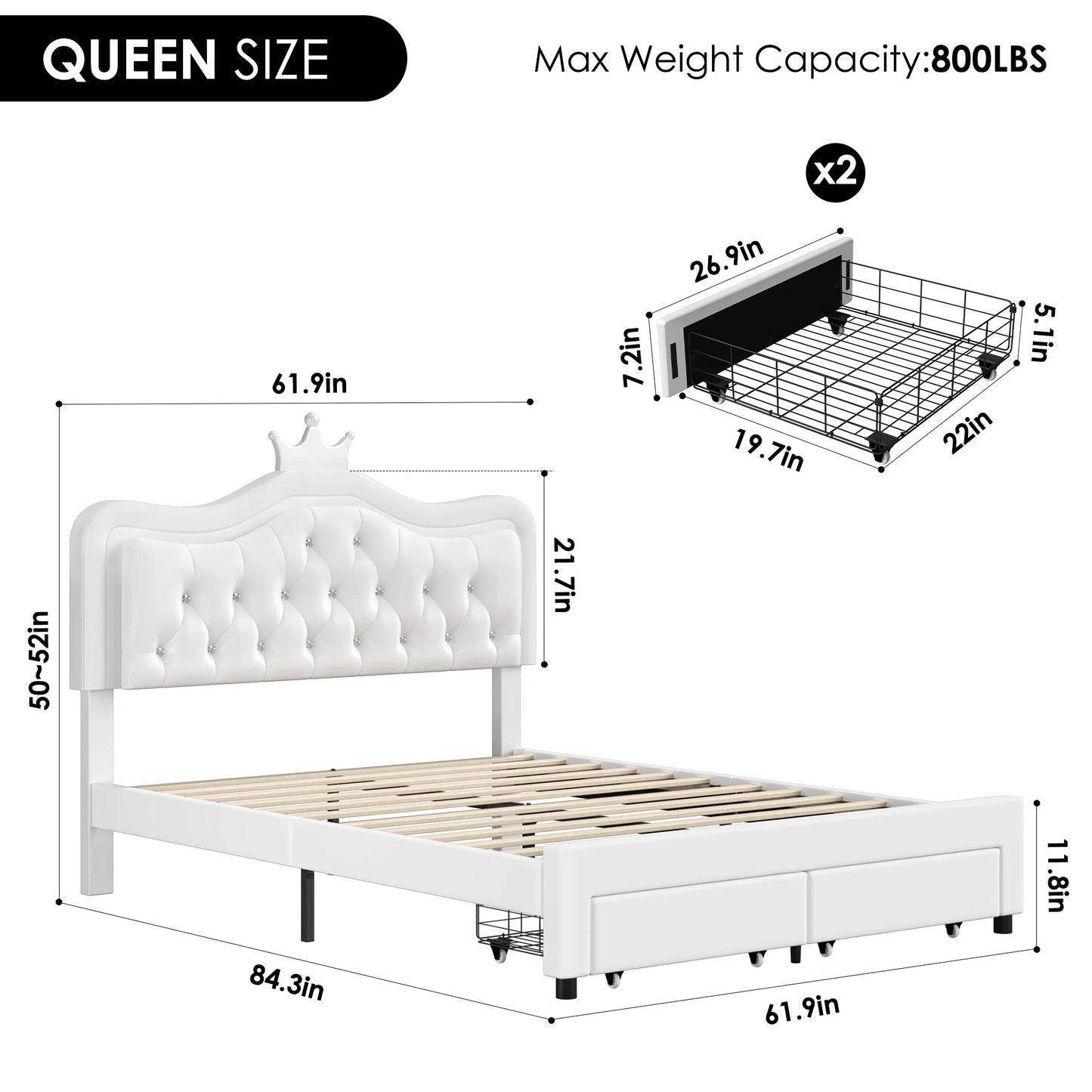 Queen Size Upholstered LED Bed with Adjustable Crystal Button Tufted Crown Headboard, Soft PU Storage Platform Bed with 2 Drawers, White