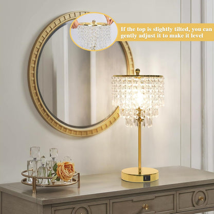 Touch Control Crystal Table Lamp with USB C+A Ports, 3-Way Dimmable Gold Lamp, Bedside Light with Crystal Shade, Girls Lamp for Bedroom, Living Room, Teens Room, Dresser, 6W LED Bulb Included