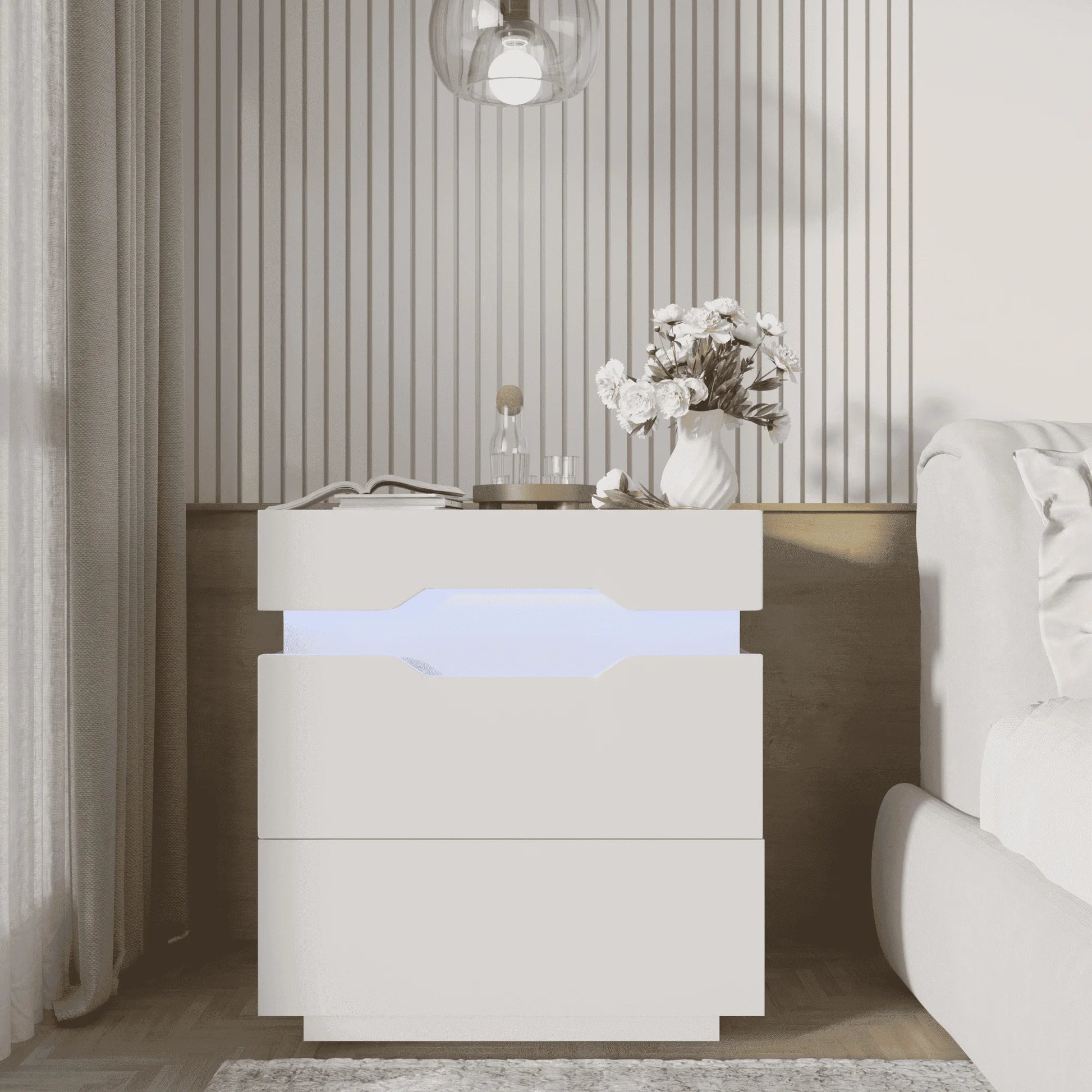 LED Nightstand 2 Drawers Bedside End Tale with Remote and Charging Ports, White