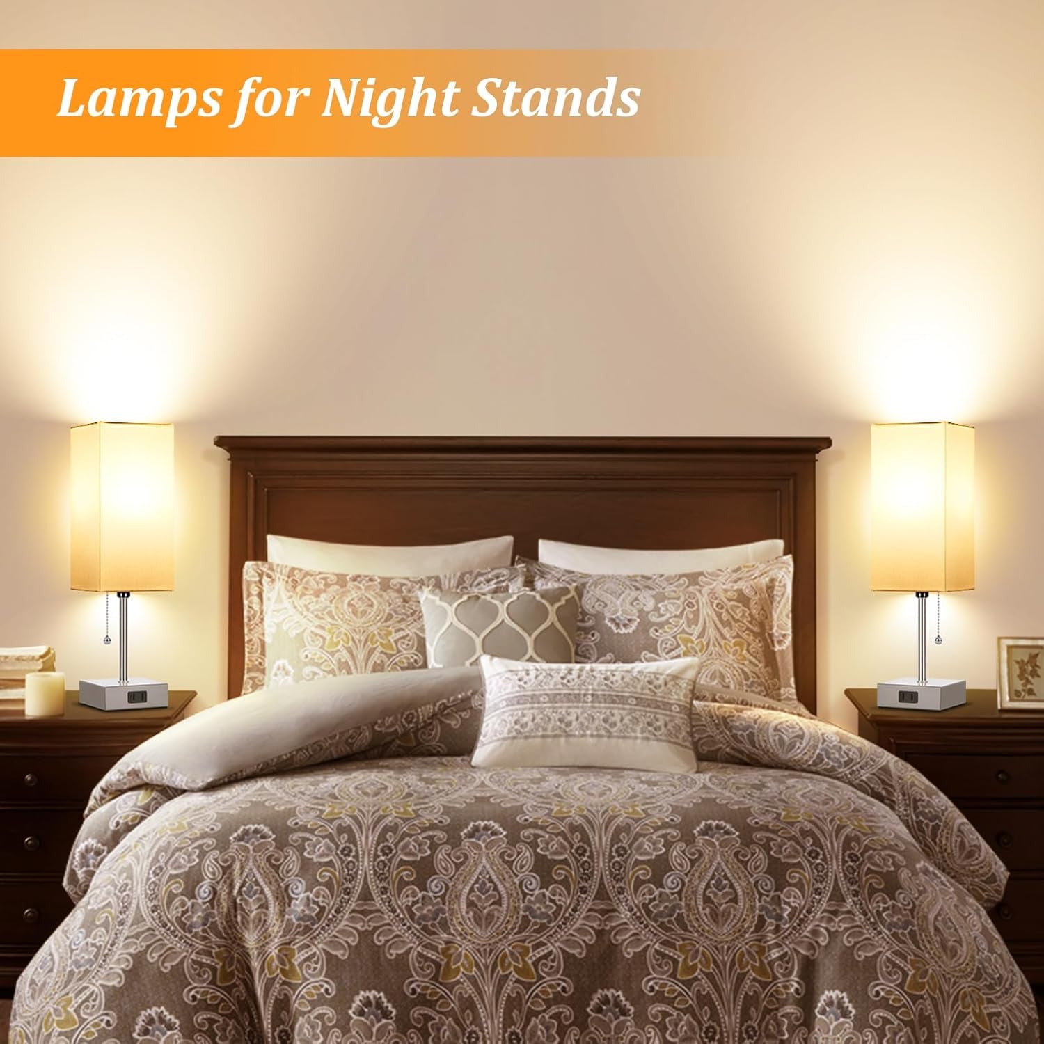 Touch Control Bedside Lamp, 3 Way Dimmable Nightstand Lamp with 2 USB Ports & AC Outlet, Modern Style, White Fabric Shade