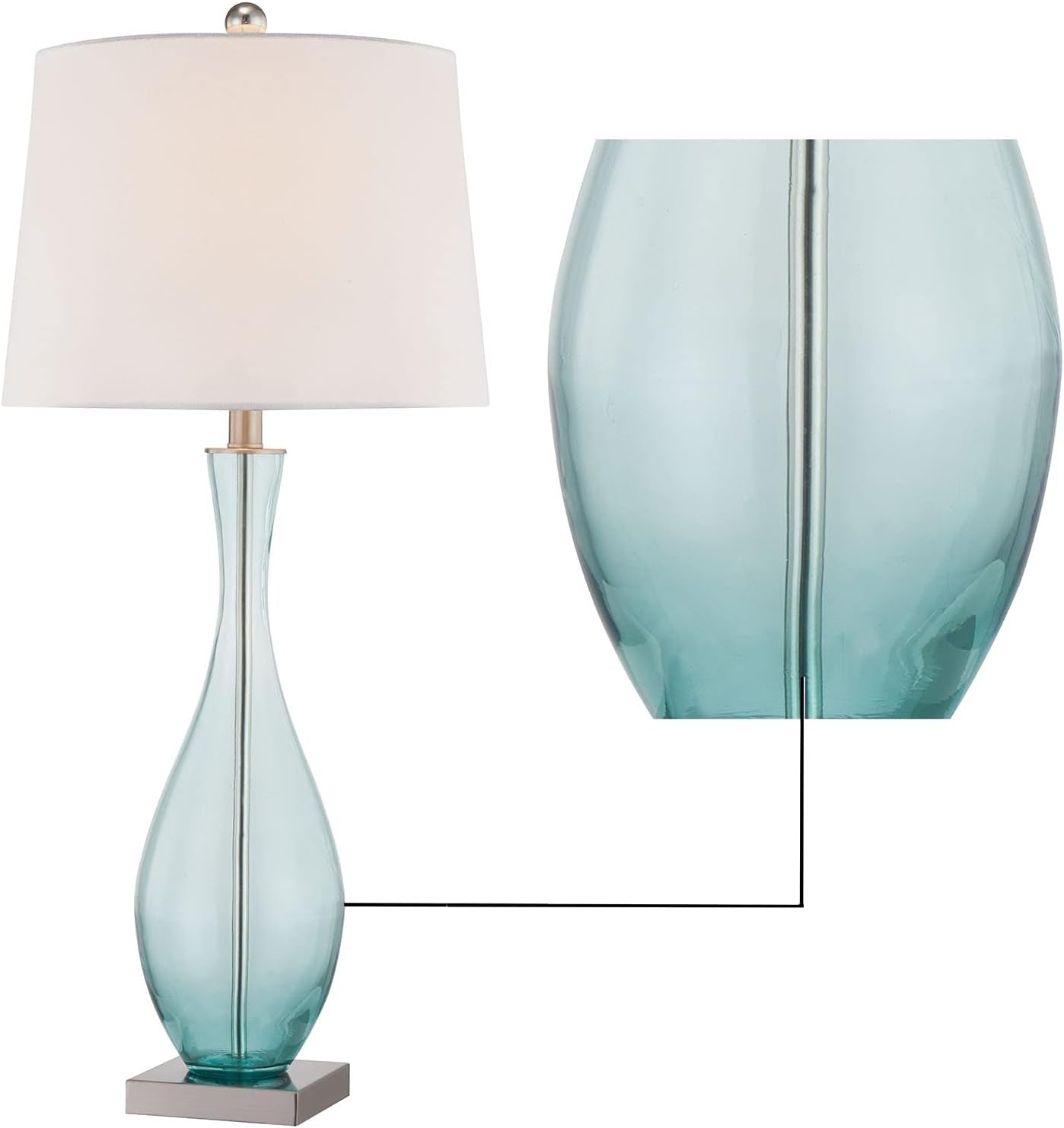 31" Coastal Glass Table Lamps Set of 2 for Living Room, Blue Bedside Lamp with USB Ports Modern Glass Bedroom Lamps with White Fabric Drum Shade for Nightstand