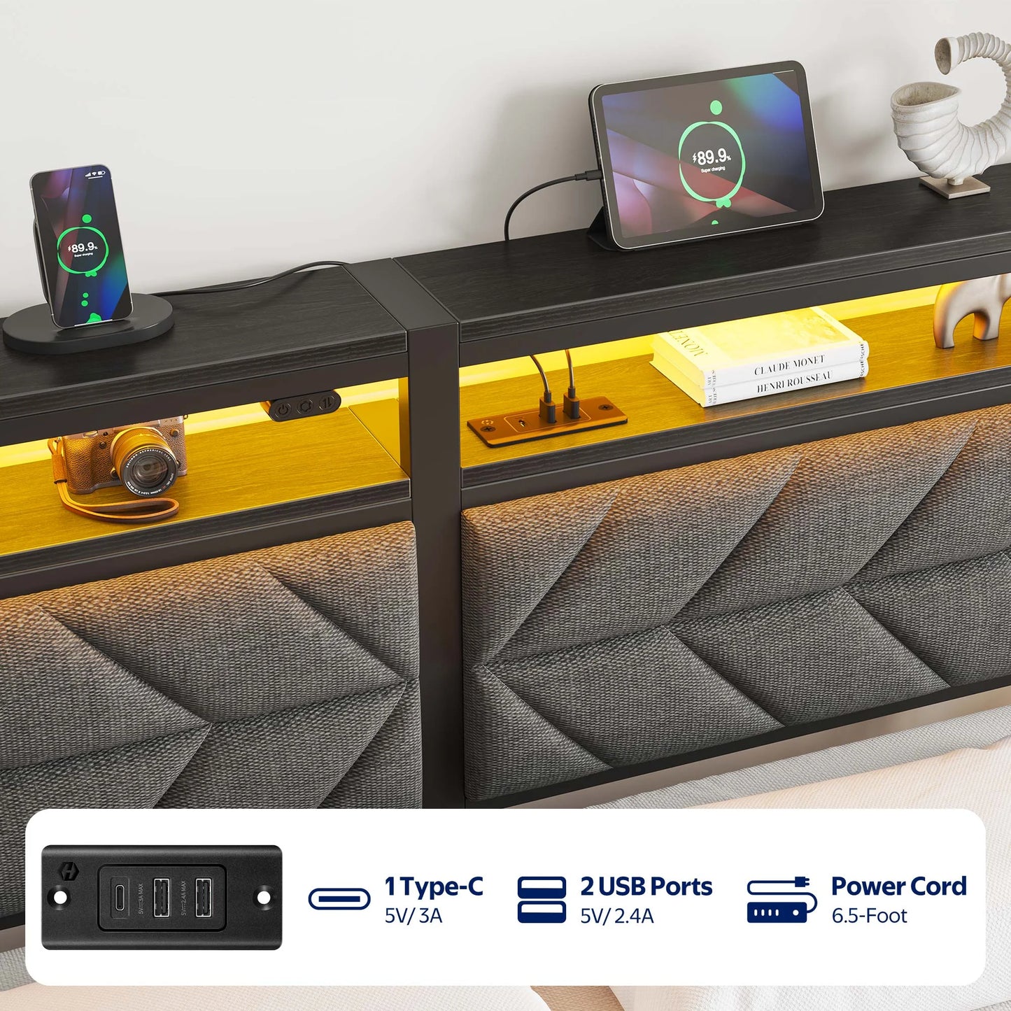 Full LED Bed Frame with Headboard Storage - Charging Station, Dark Gray
