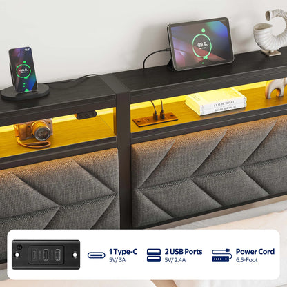 Full LED Bed Frame with Headboard Storage - Charging Station, Dark Gray