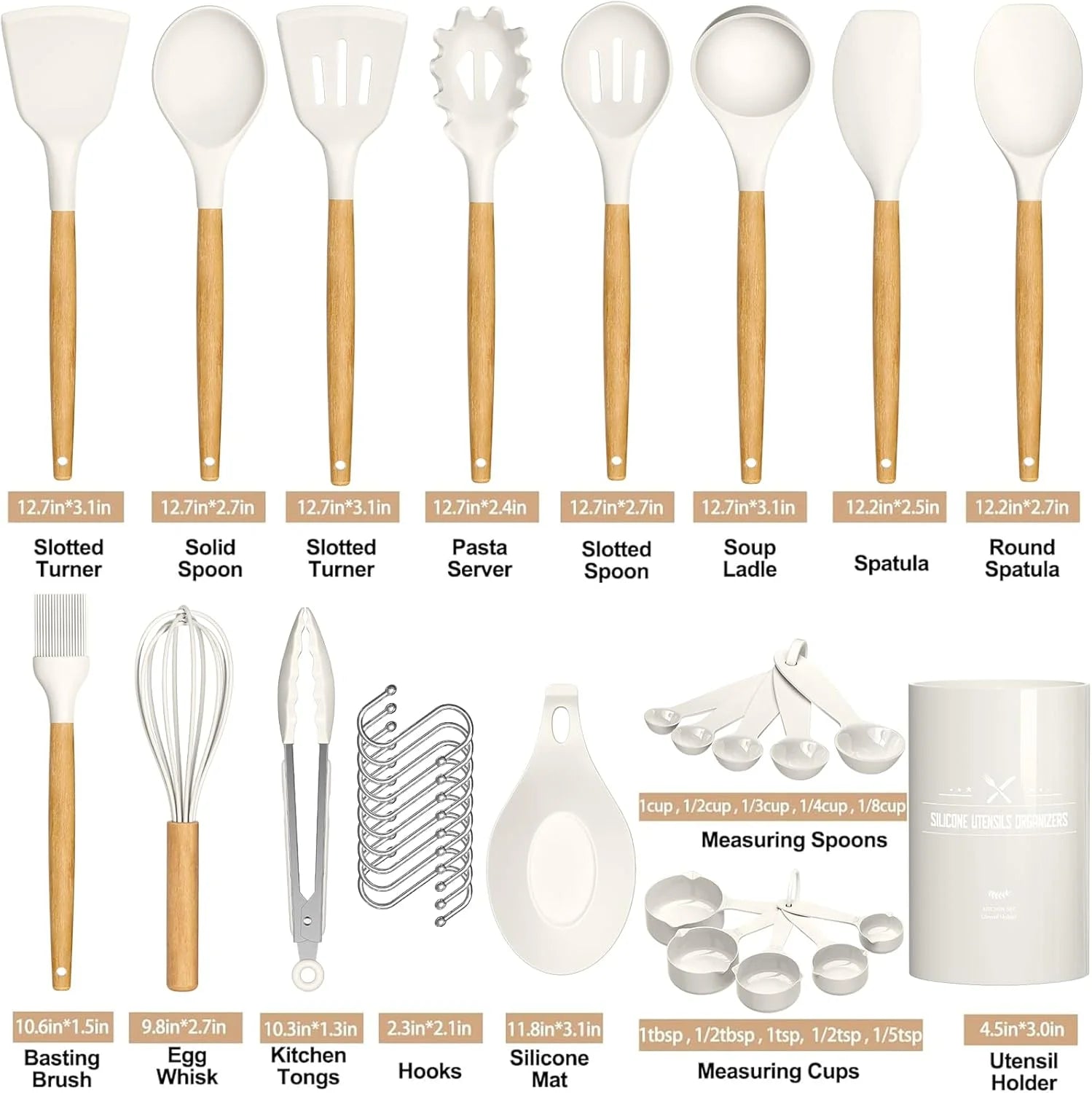 Kitchen Cooking Utensils Set, 33 Pcs Non-Stick Silicone Cooking Kitchen Utensils Spatula Set with Holder, Wooden Handle Silicone Kitchen Gadgets Utensil Set (Cream White)