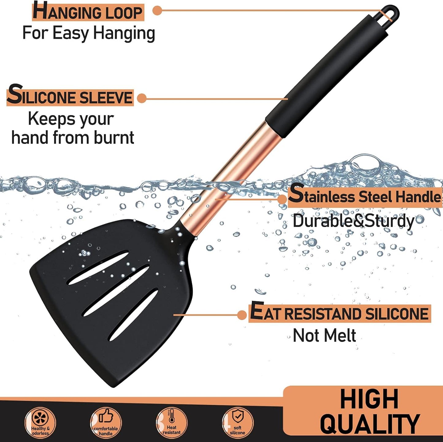 Silicone Cooking Utensil Set,  Kitchen Utensils with Copper Stainless Steel Handle, 26 Pcs Kitchen Spatula Set, Non-Stick Heat Resistant Silicone, Best Kitchen Gadget Tools Set - Black