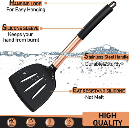 Silicone Cooking Utensil Set,  Kitchen Utensils with Copper Stainless Steel Handle, 26 Pcs Kitchen Spatula Set, Non-Stick Heat Resistant Silicone, Best Kitchen Gadget Tools Set - Black