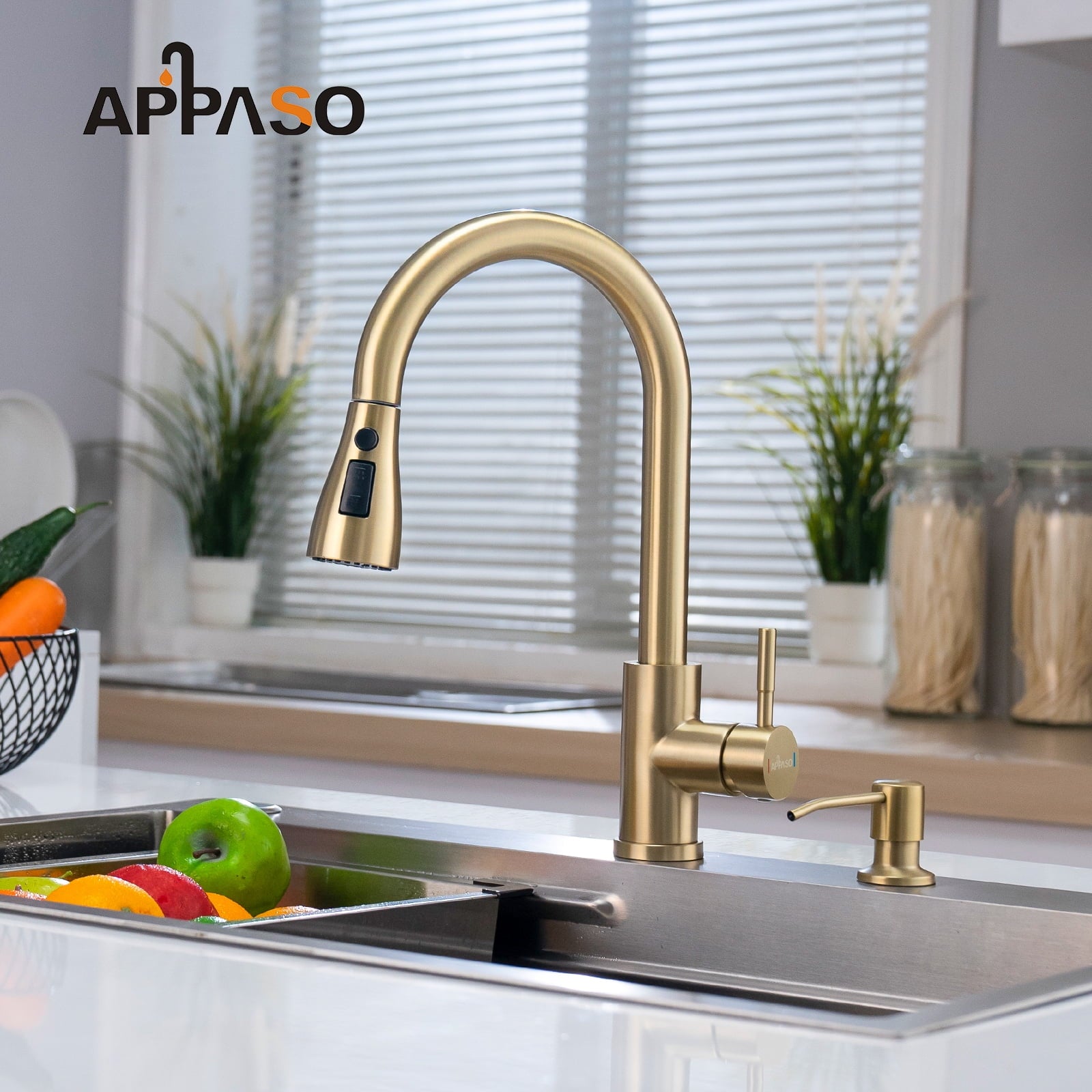 Brushed Gold 2 Hole Kitchen Faucet with Pull down 3 Modes Sprayer, Champagne Gold Kitchen Sink Faucet, High Arch Faucet Kitchen for 1 or 2 Hole Sink, Gold Kitchen Faucet with Soap Dispenser