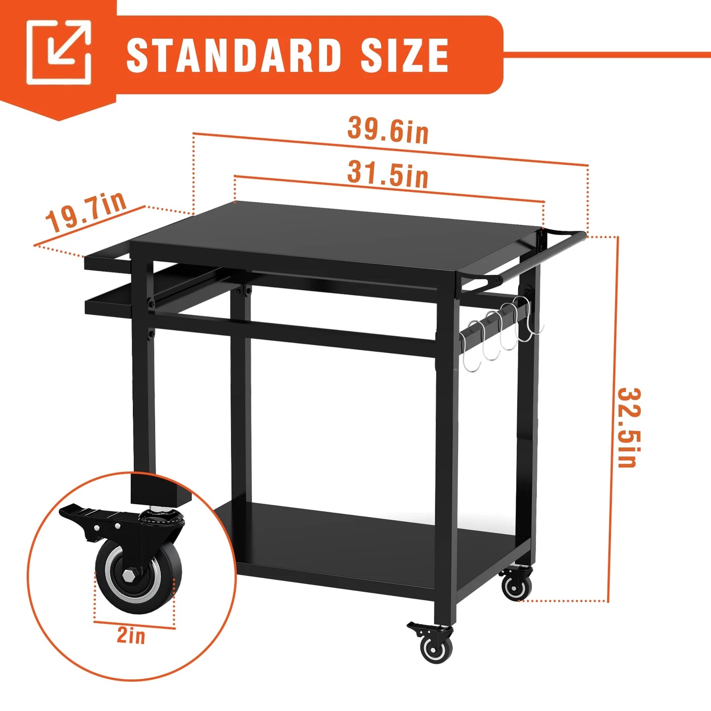 Movable Grill Table, Double-Shelf Outdoor BBQ Grill Cart, Rolling Kitchen Dining Cart, Black