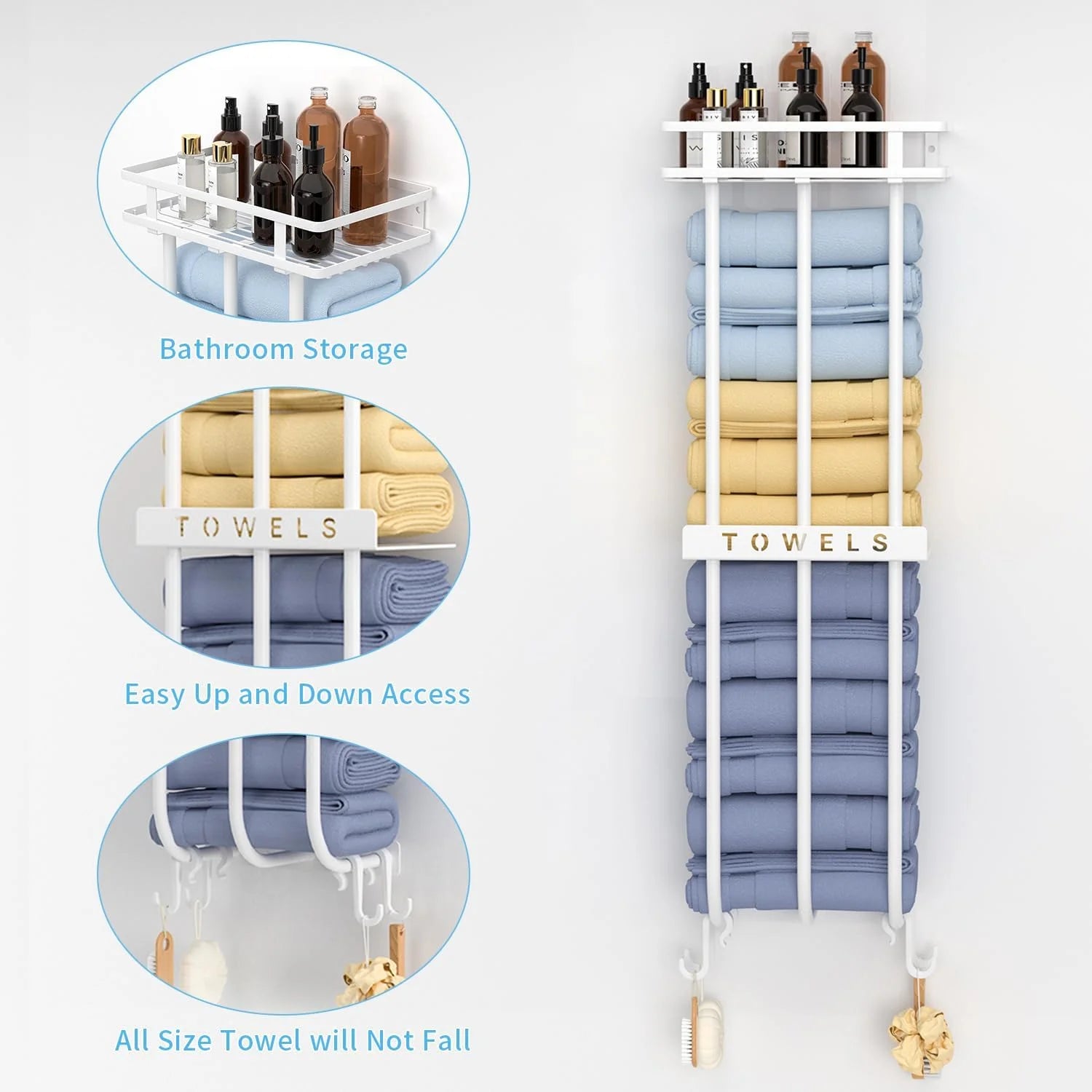 Wall Towel Rack for Rolled Towels, New Upgrade Towel Racks for Bathroom Wall Mounted, Bathroom Bar Towel Storage, Metal Bath Towel Holder for Bathroom Wall Mounted, White