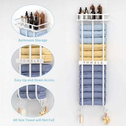 Wall Towel Rack for Rolled Towels, New Upgrade Towel Racks for Bathroom Wall Mounted, Bathroom Bar Towel Storage, Metal Bath Towel Holder for Bathroom Wall Mounted, White