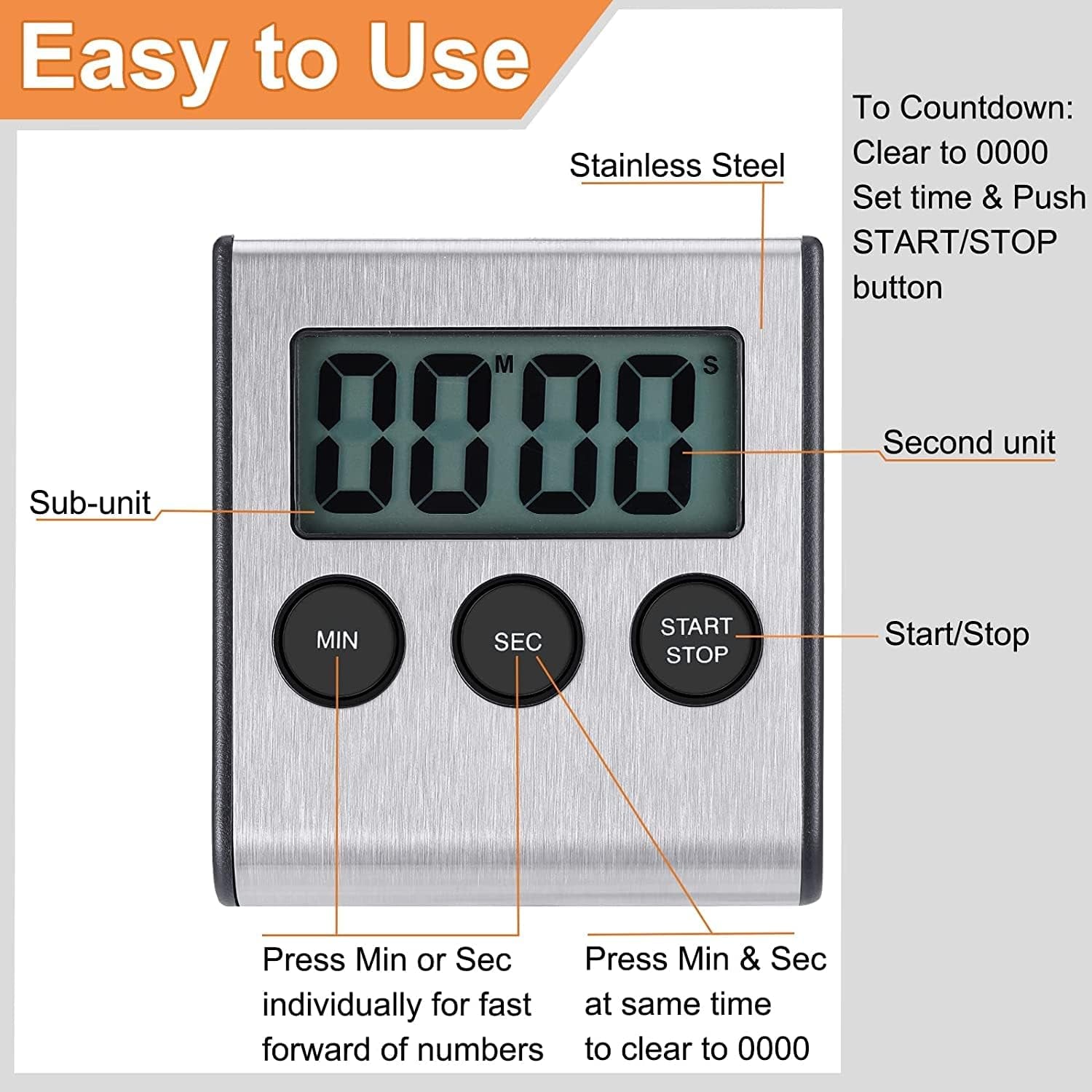 Digital Kitchen Timer - Magnetic Countdown with Loud Alarm, Stainless Steel for Cooking, Baking, Sports Games