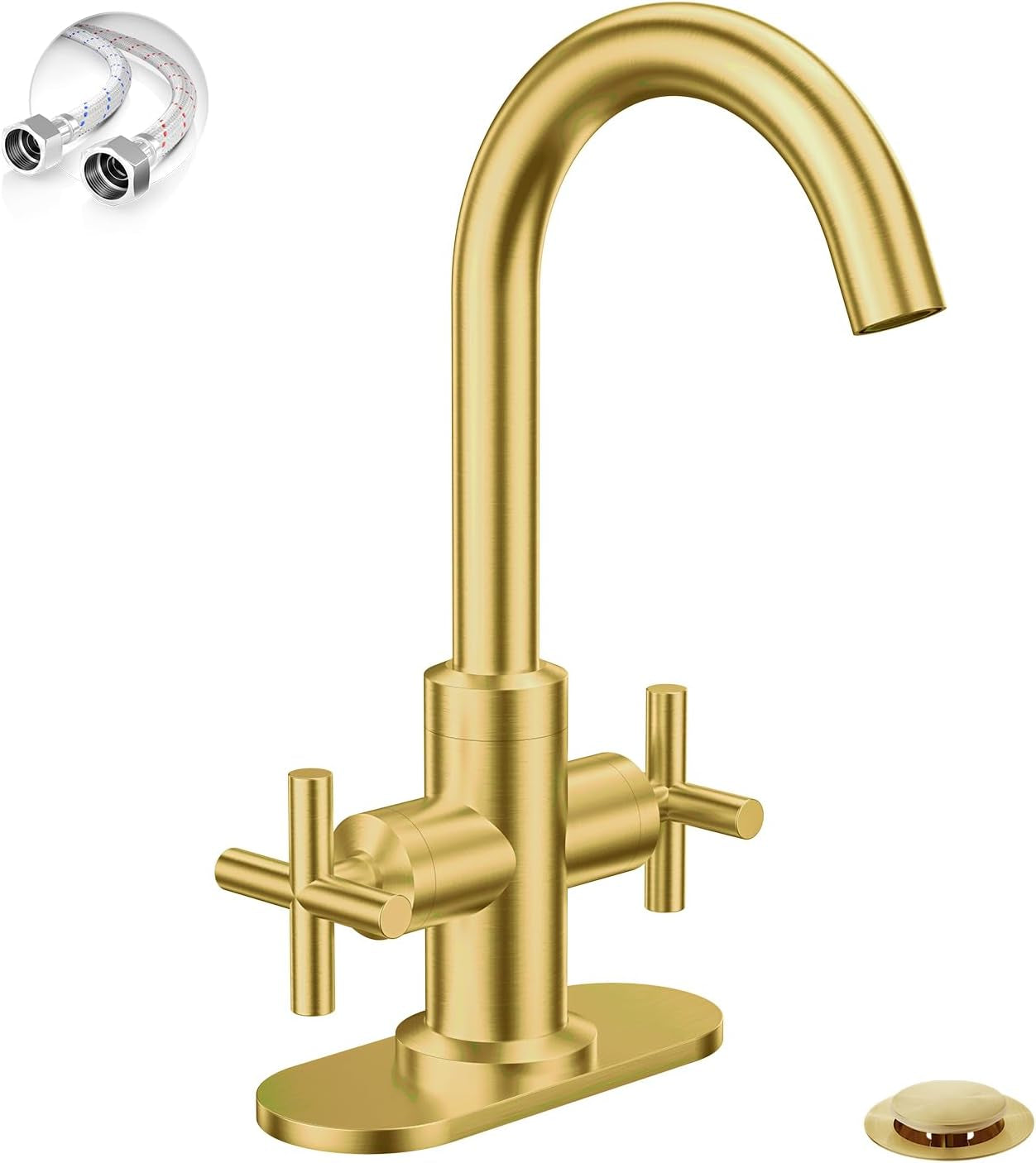 Brushed Gold Bathroom Sink Faucet, 4 Inch Single Hole or 3 Hole Centerset Vanity Faucet, with Swivel 360 Degree Spout, Pop up Drain and Water Supply Line, SGF0310-BG