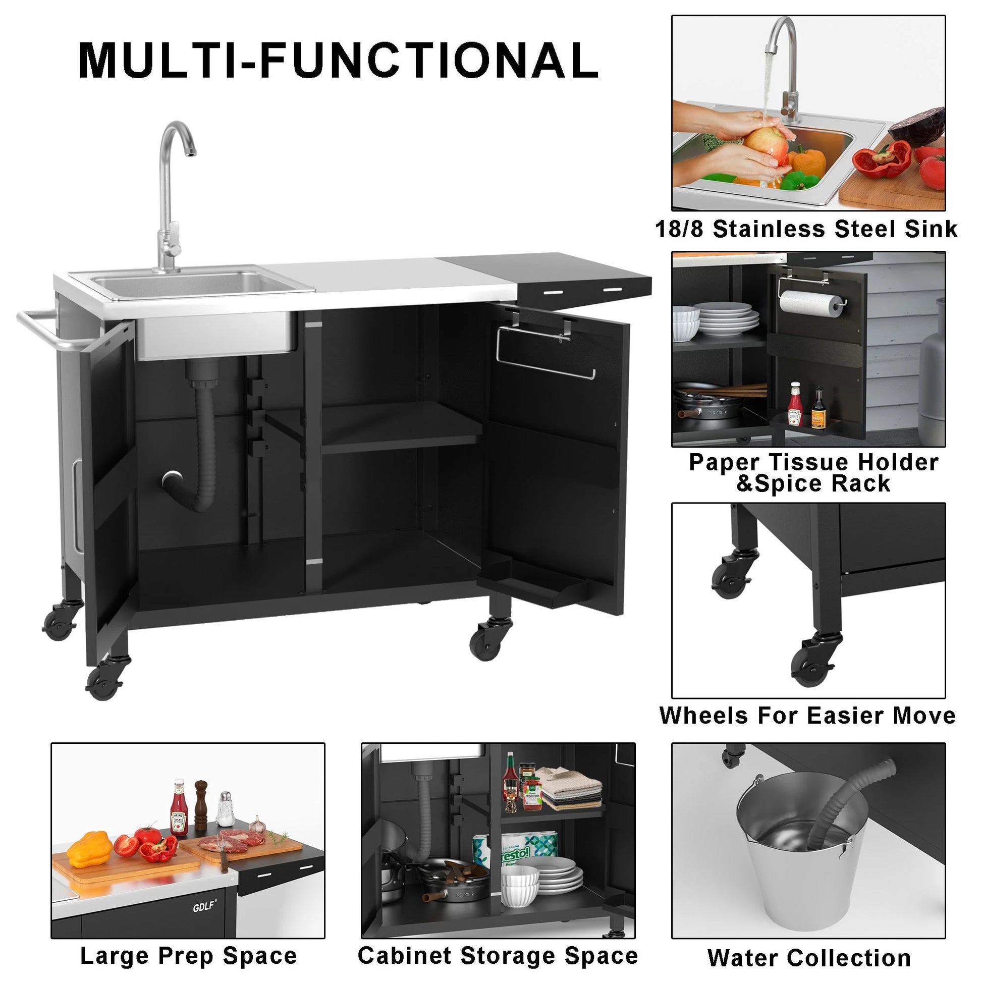 Outdoor Grill Table with Sink,Metal Outdoor Grill Cart, Outdoor Kitchen Island with Stainless Steel Sink