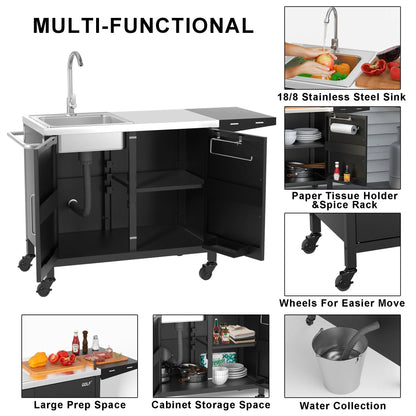 Outdoor Grill Table with Sink,Metal Outdoor Grill Cart, Outdoor Kitchen Island with Stainless Steel Sink