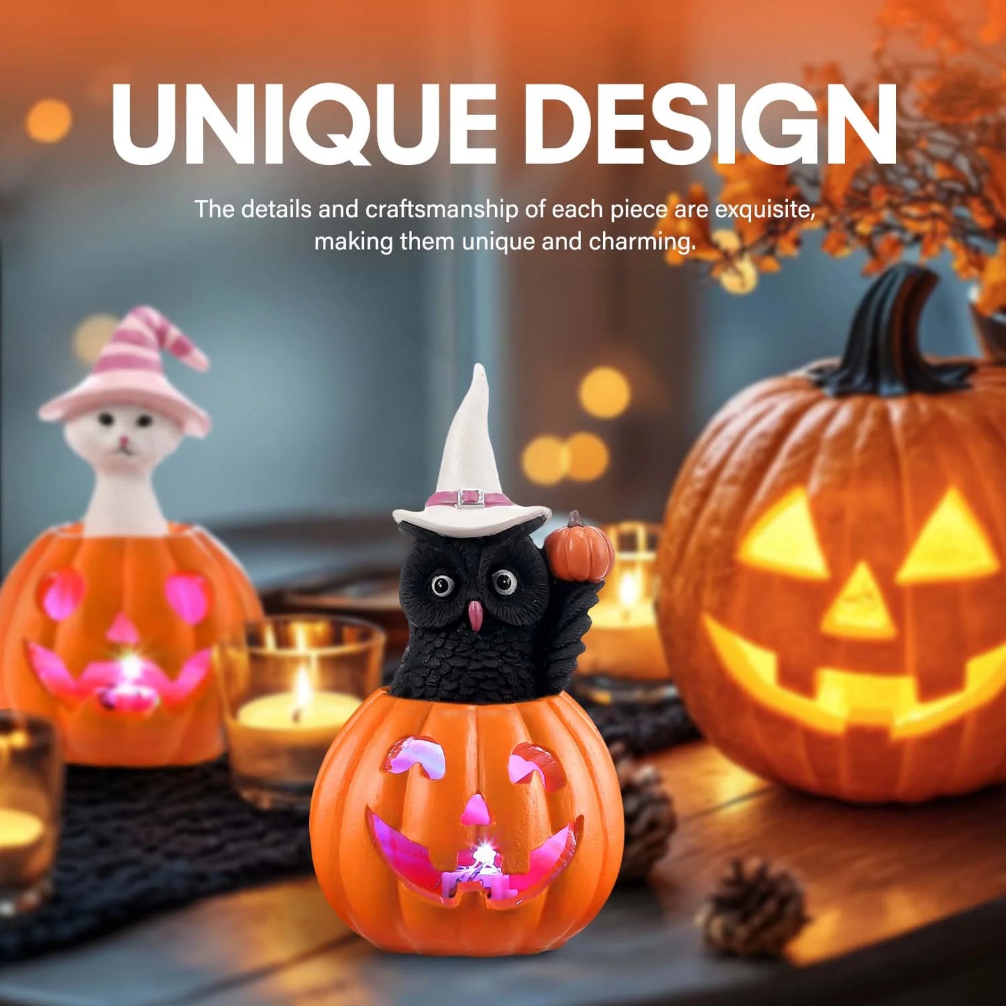 Halloween Figurines Set of 2, Cat and Owl on Pumpkin Decor with LED Lights for Halloween Decorations Indoor