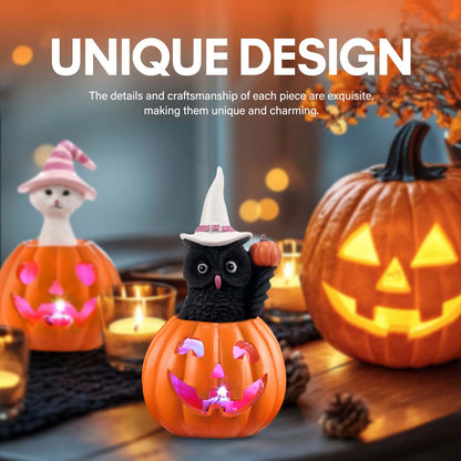 Halloween Figurines Set of 2, Cat and Owl on Pumpkin Decor with LED Lights for Halloween Decorations Indoor