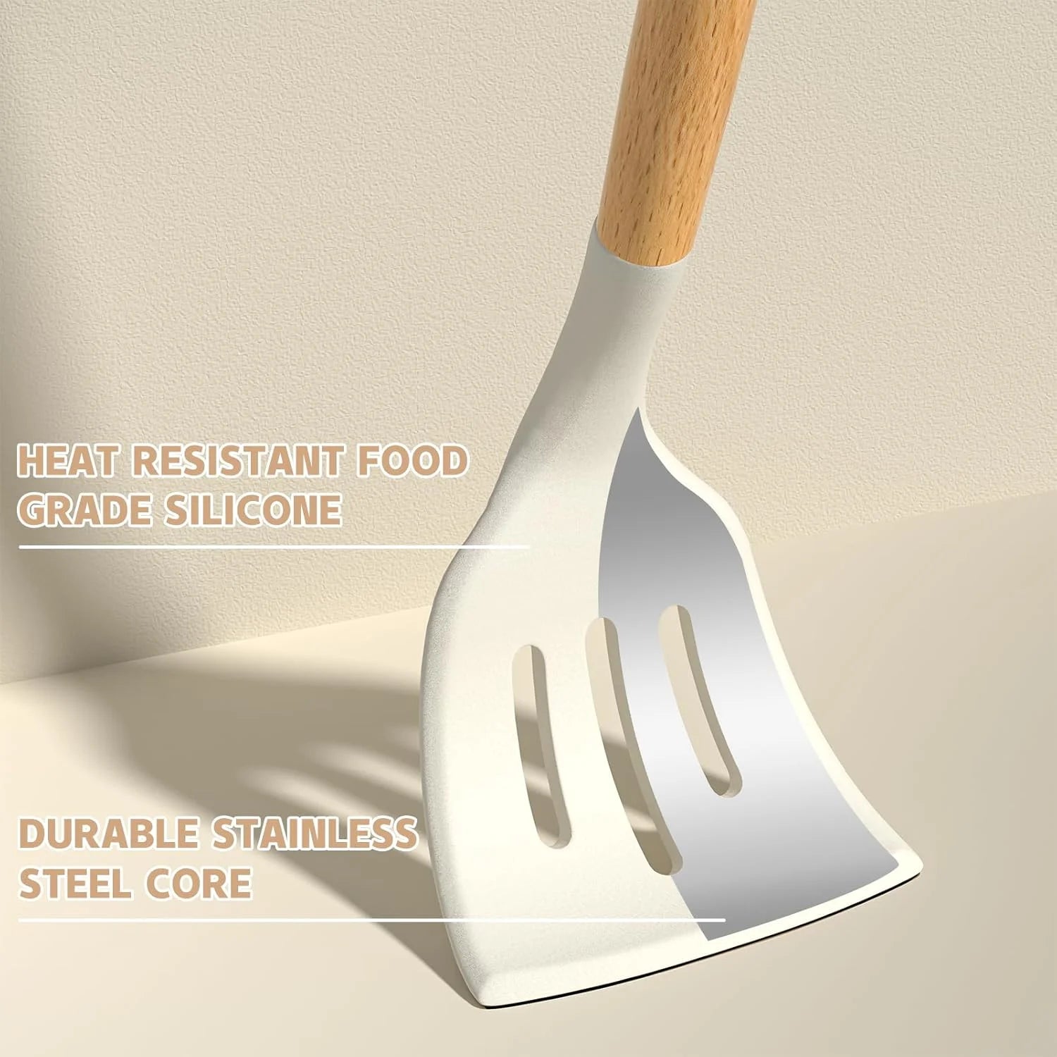 Kitchen Cooking Utensils Set, 33 Pcs Non-Stick Silicone Cooking Kitchen Utensils Spatula Set with Holder, Wooden Handle Silicone Kitchen Gadgets Utensil Set (Cream White)