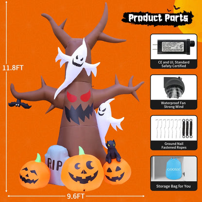 Halloween Inflatable 11.8 FT Inflatable Halloween Tree, Halloween Inflatable Tree Scary Halloween Blow up Tree with LED Lights, Outdoor Halloween Decorations Clearance for Halloween/Holiday