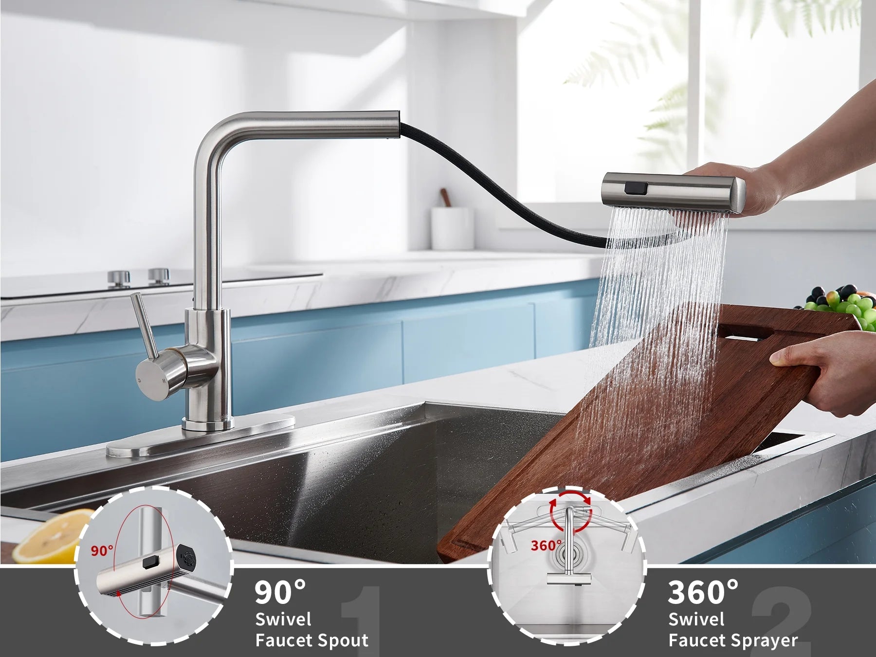 Kitchen Faucet, Waterfall Kitchen Faucet with Pull down Sprayer, 3 Modes Sprayer Kitchen Sink Faucet Single Lever Handle Faucet for Kitchen Sink, Brushed Nickel