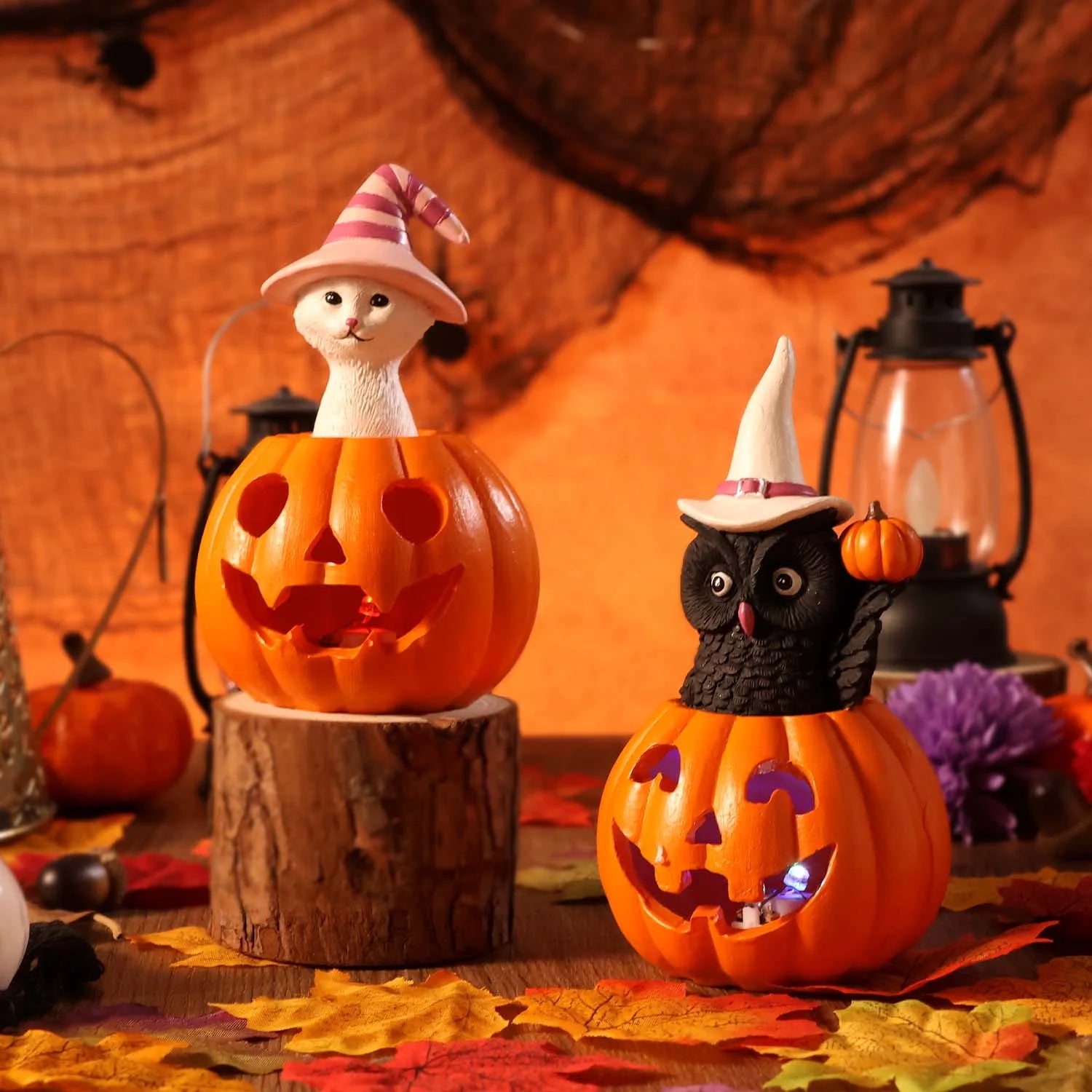 Halloween Figurines Set of 2, Cat and Owl on Pumpkin Decor with LED Lights for Halloween Decorations Indoor