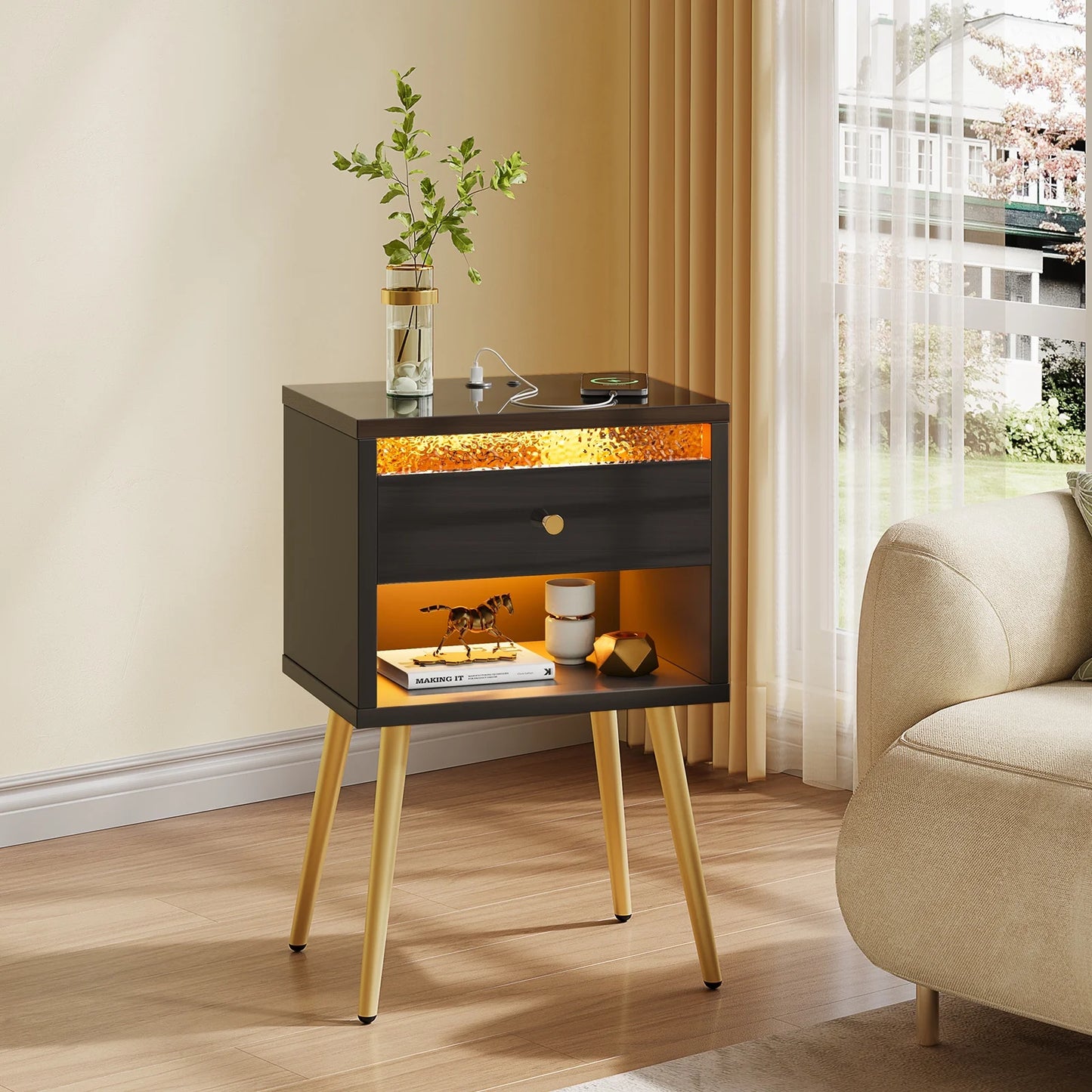 LED Nightstand with Charging Station, Modern End Side Table with Drawer and Open Storage for Bedroom, Black