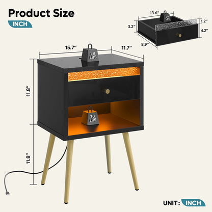 LED Nightstand with Charging Station, Modern End Side Table with Drawer and Open Storage for Bedroom, Black