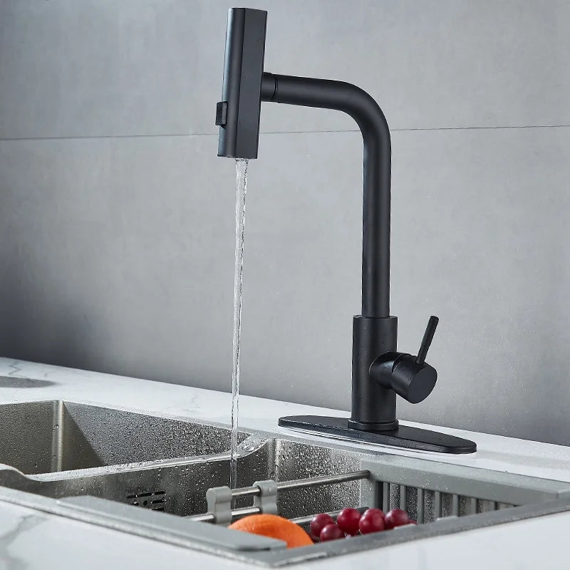 Black Kitchen Faucets with Pull down Sprayer,Waterfall Kitchen Sink Faucet,Commercial Utility Stainless Steel Kitchen Faucets,Single Handle Kitchen Sink Faucet with Pull down Sprayer for 3 Function