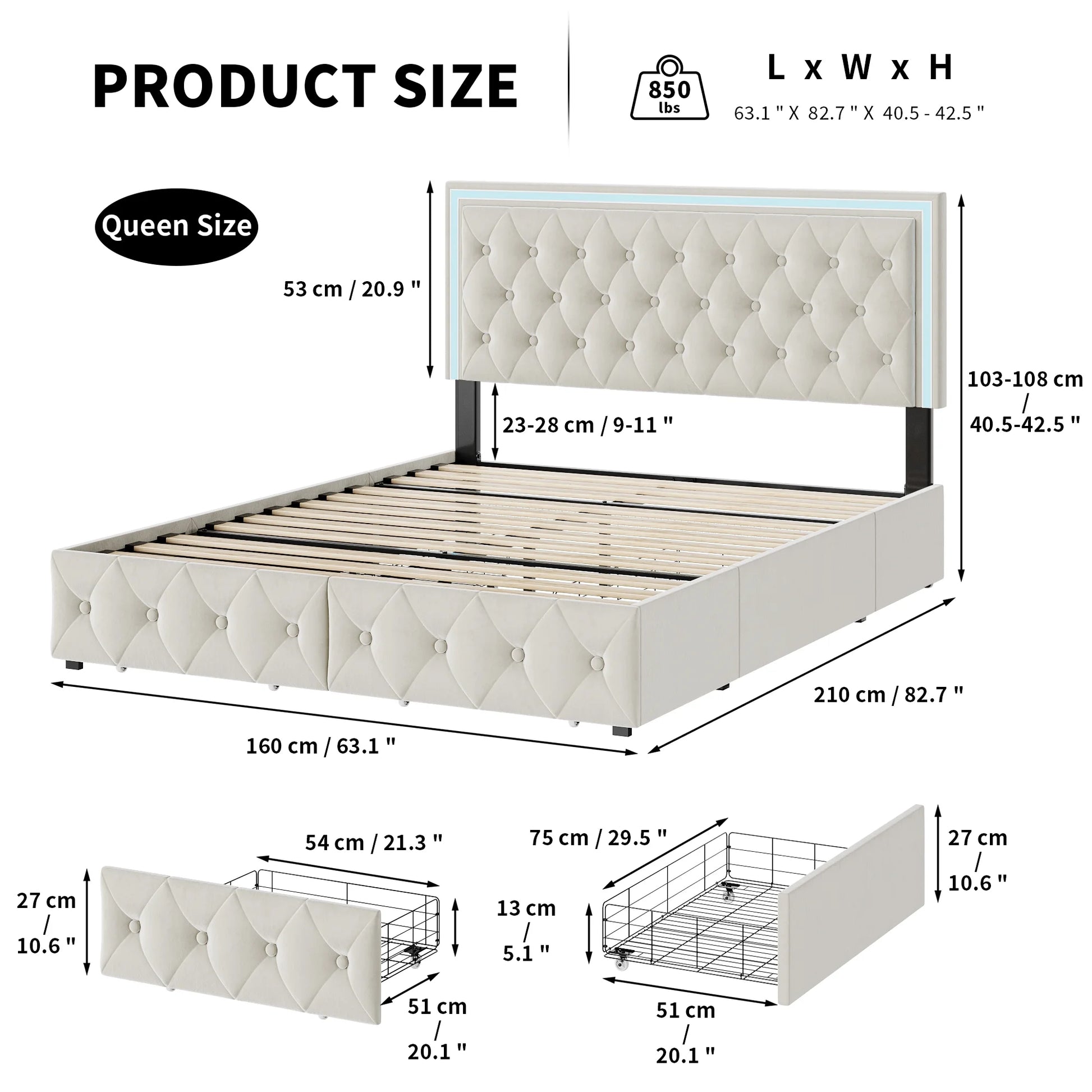 Queen LED Bed with 4 Drawers, LED Lights Platform Storage Bed Frame with Upholstered Adjustable Button Tufted Headboard, Velvet Beige