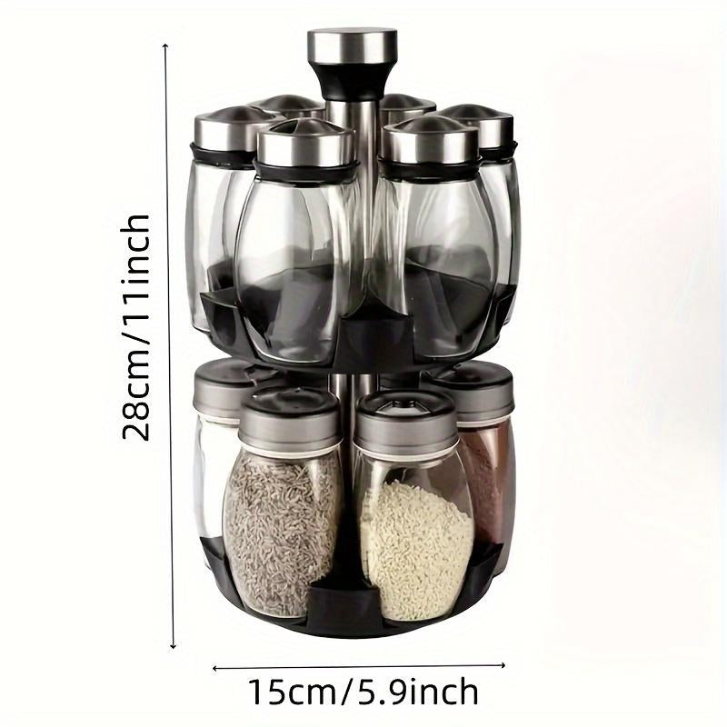 Double Layer Rotating Spice Rack360°Spice Rack Organizer Revolving Spice Rack,- Rotating Holder with 12 Glass Bottles Kitchen Seasoning Organizer Storage Canister Plastic Stainless