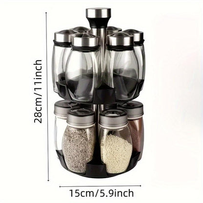 Double Layer Rotating Spice Rack360°Spice Rack Organizer Revolving Spice Rack,- Rotating Holder with 12 Glass Bottles Kitchen Seasoning Organizer Storage Canister Plastic Stainless