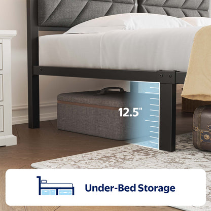 Full LED Bed Frame with Headboard Storage - Charging Station, Dark Gray