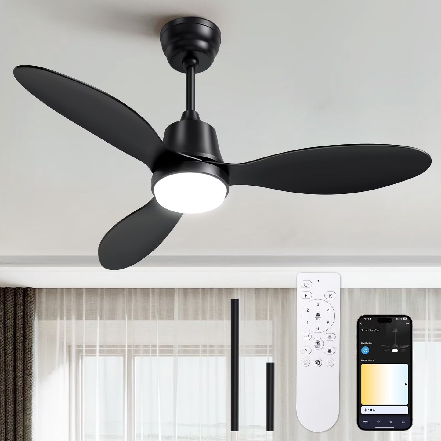 Ceiling Fans with Lights and Remote & App Control,36 Inch Modern Ceiling Fans,3 Reversible Blades Dimmable Noiseless, for Bedroom Kitchen Patio,Black