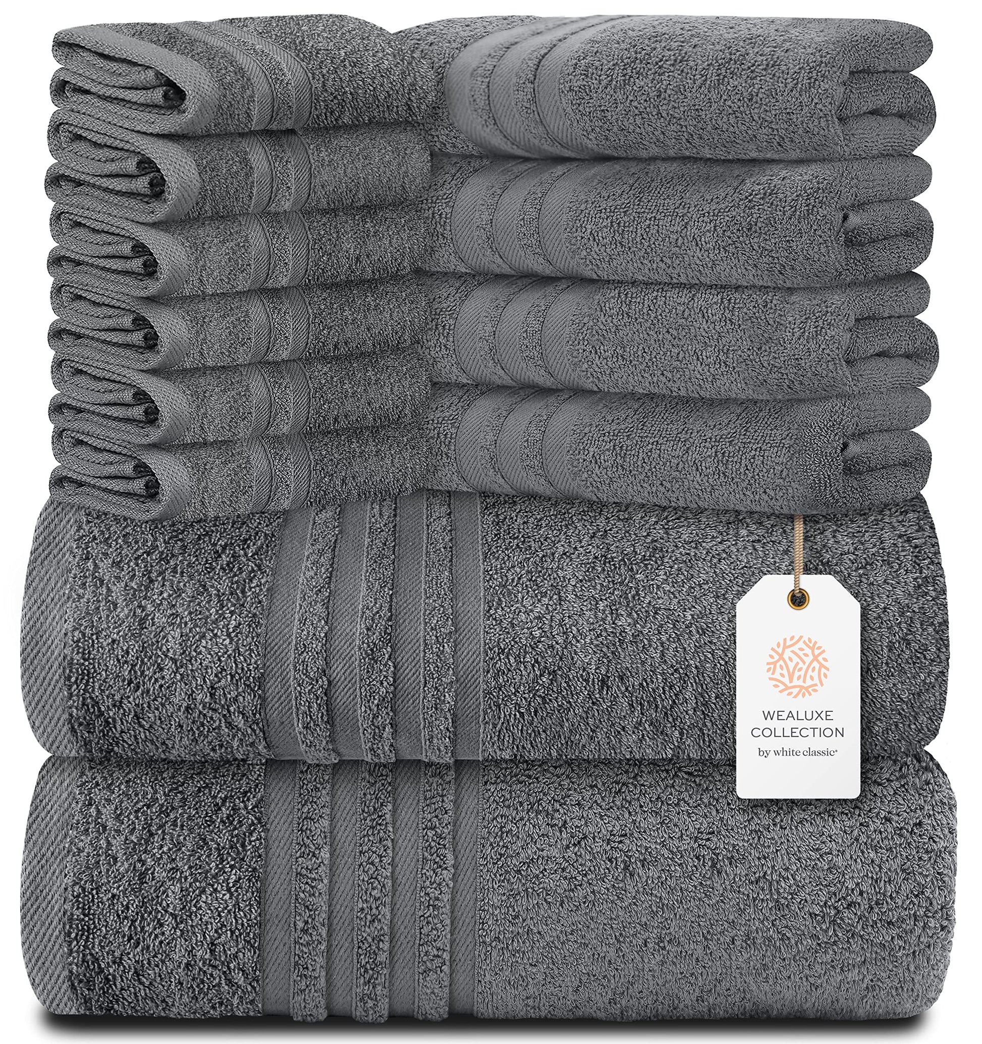 12 Piece Bath Towel Set for Bathroom - Wealuxe Collection 2 Bath Towels, 4 Hand Towels, 6 Washcloths 100% Cotton Soft and Plush Highly Absorbent, Soft Towel for Hotel & Spa - Gray