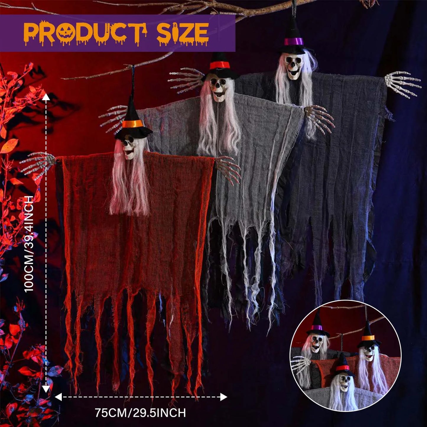 3Pcs Halloween Hanging Ghosts, Halloween Decorations Outdoor Indoor Scary Skeleton Ghosts, Haunted House Props