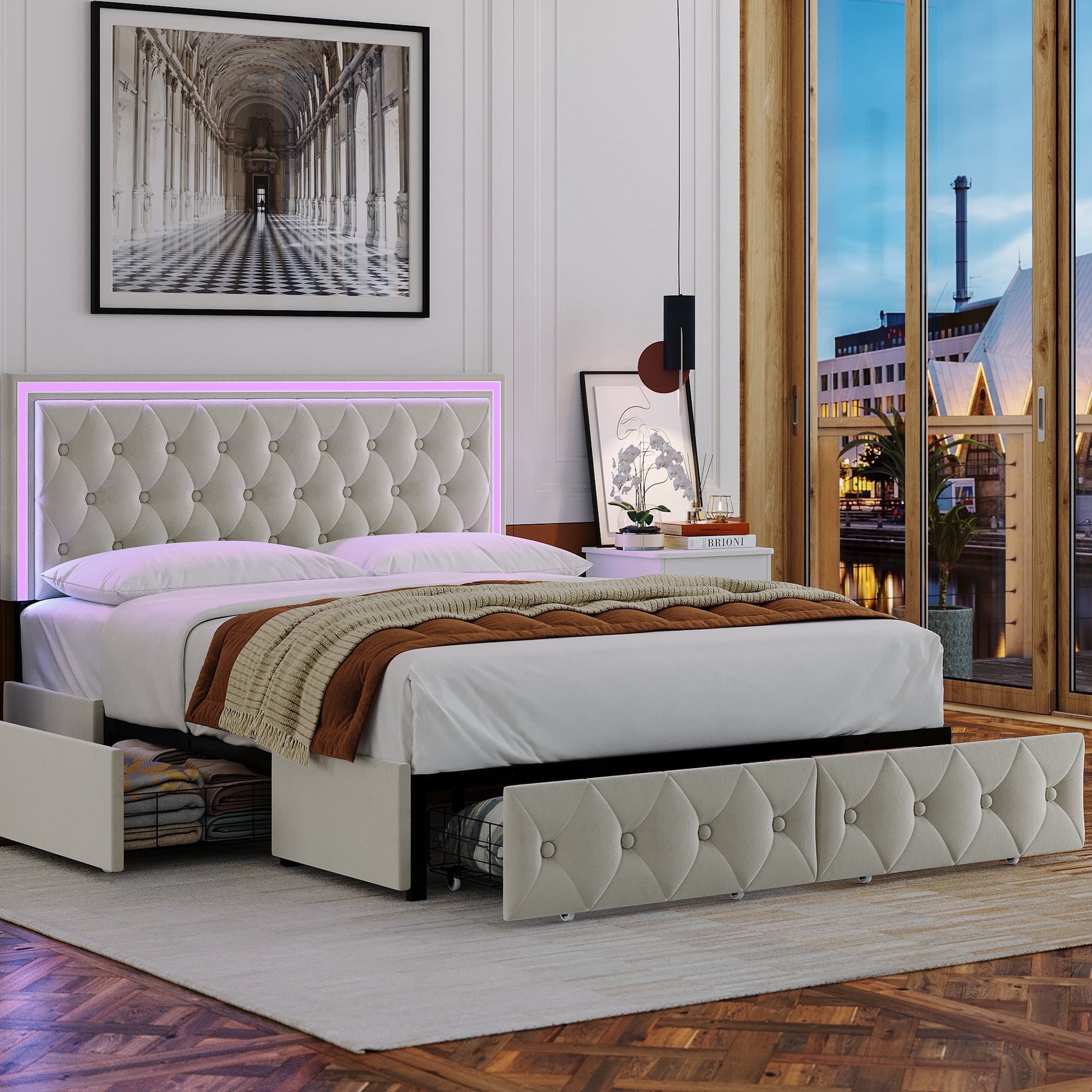 Queen LED Bed with 4 Drawers, LED Lights Platform Storage Bed Frame with Upholstered Adjustable Button Tufted Headboard, Velvet Beige