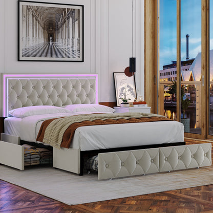 Queen LED Bed with 4 Drawers, LED Lights Platform Storage Bed Frame with Upholstered Adjustable Button Tufted Headboard, Velvet Beige