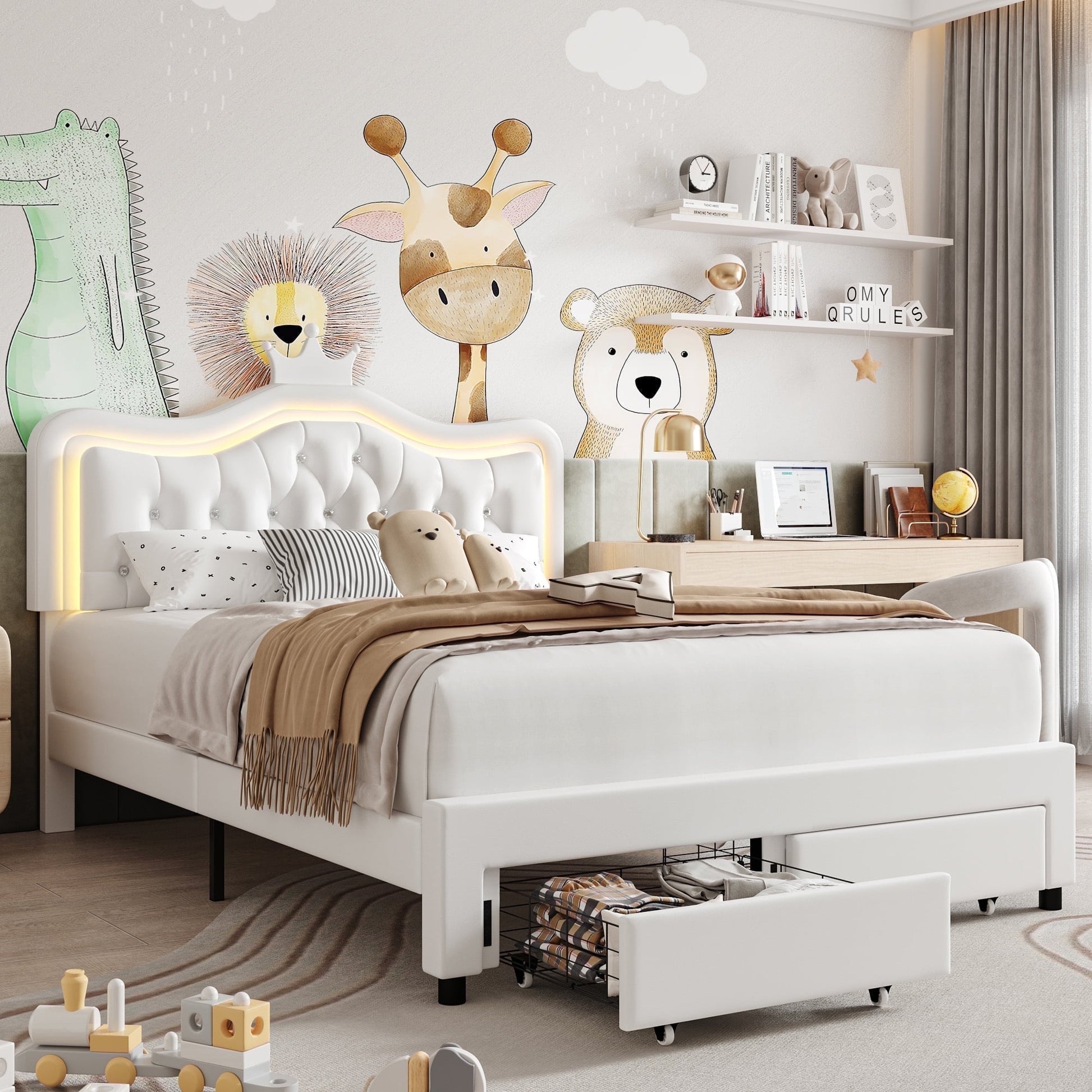 Queen Size Upholstered LED Bed with Adjustable Crystal Button Tufted Crown Headboard, Soft PU Storage Platform Bed with 2 Drawers, White