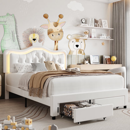 Queen Size Upholstered LED Bed with Adjustable Crystal Button Tufted Crown Headboard, Soft PU Storage Platform Bed with 2 Drawers, White