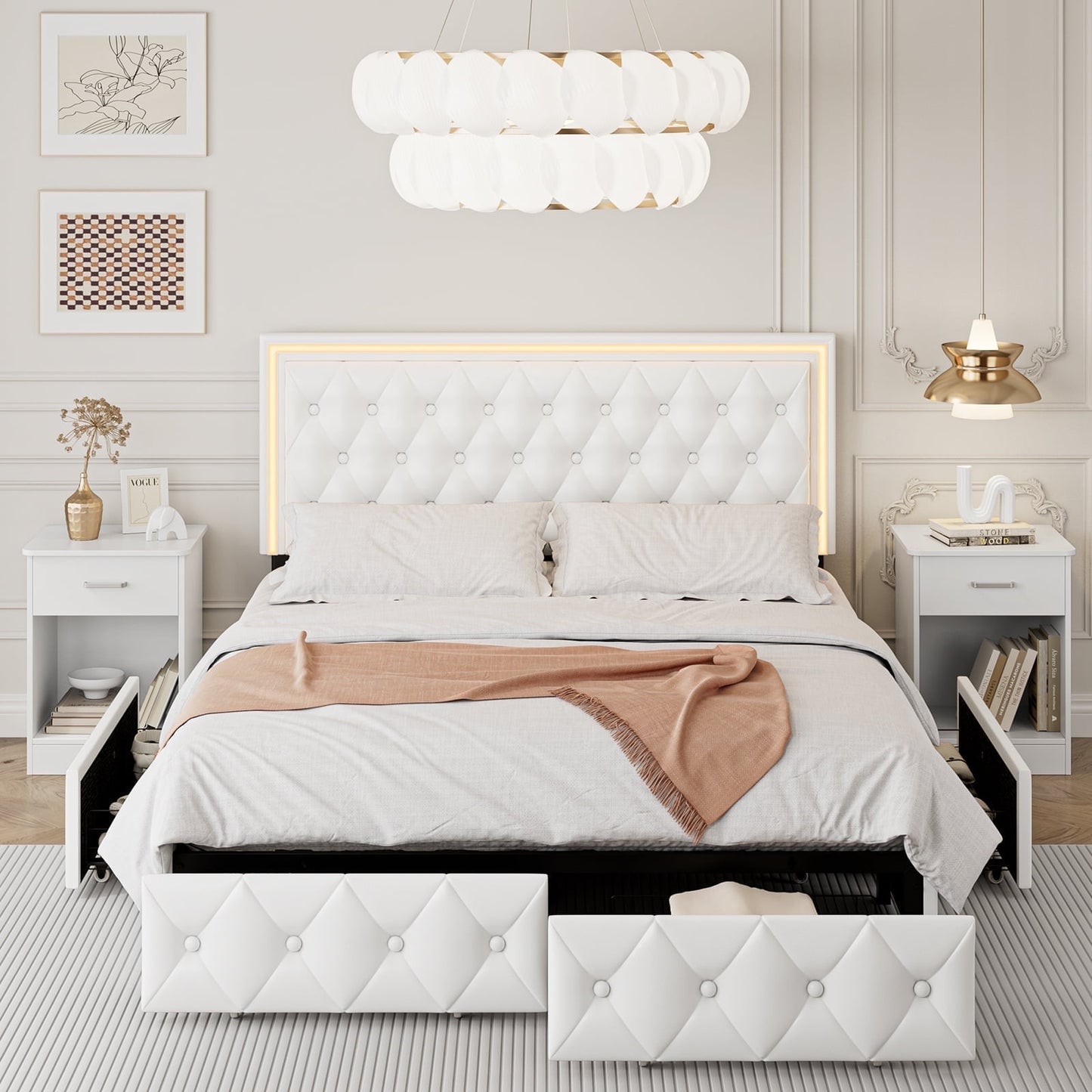 Queen LED Bed with 4 Drawers, LED Lights Platform Storage Bed Frame with Upholstered Adjustable Button Tufted Headboard, Velvet Beige