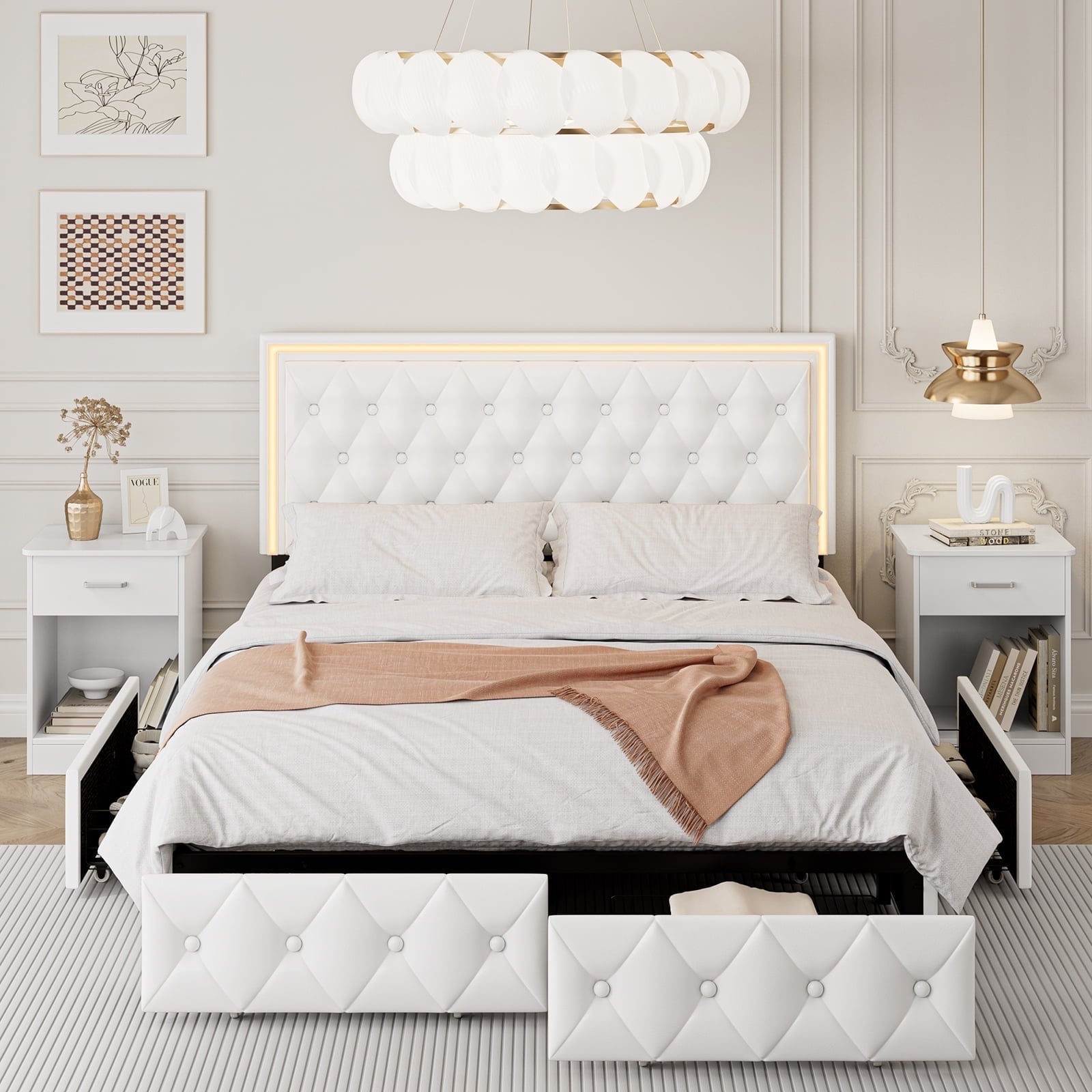 Queen LED Bed with 4 Drawers, LED Lights Platform Storage Bed Frame with Upholstered Adjustable Button Tufted Headboard, Velvet Beige