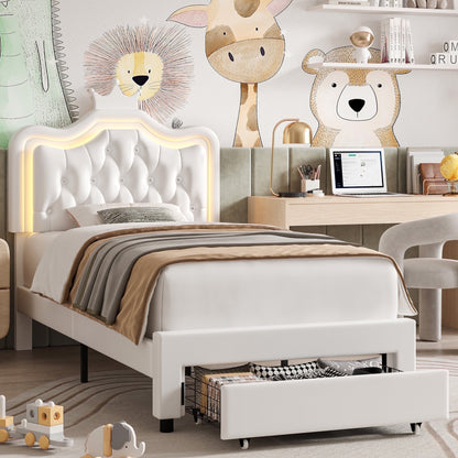 Queen Size Upholstered LED Bed with Adjustable Crystal Button Tufted Crown Headboard, Soft PU Storage Platform Bed with 2 Drawers, White