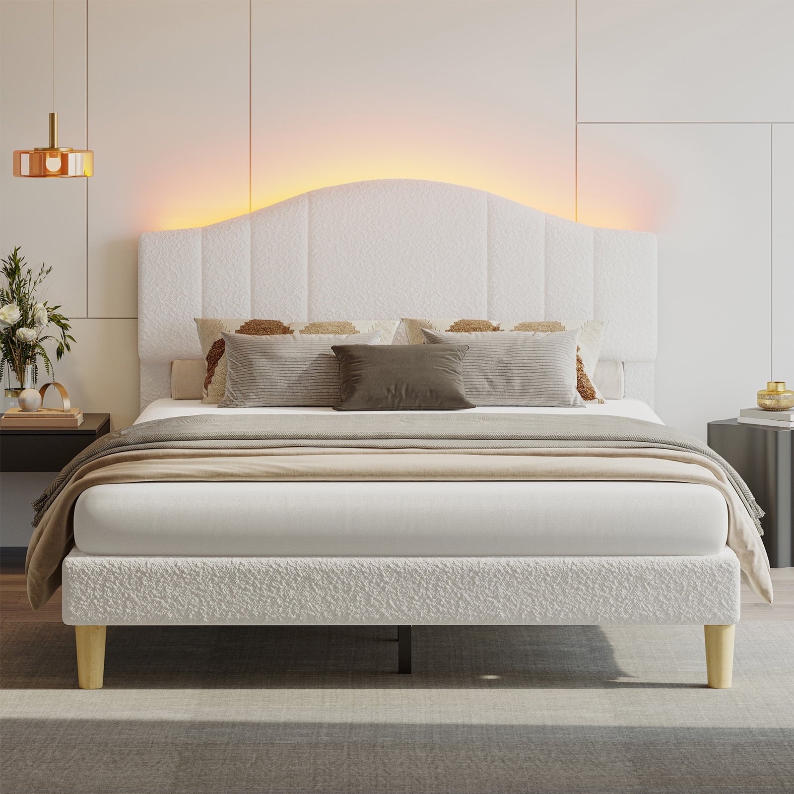 Queen Upholstered Bed Frame with Adjustable Arc-Shaped Headboard, LED Platform Bed, Teddy Velvet White