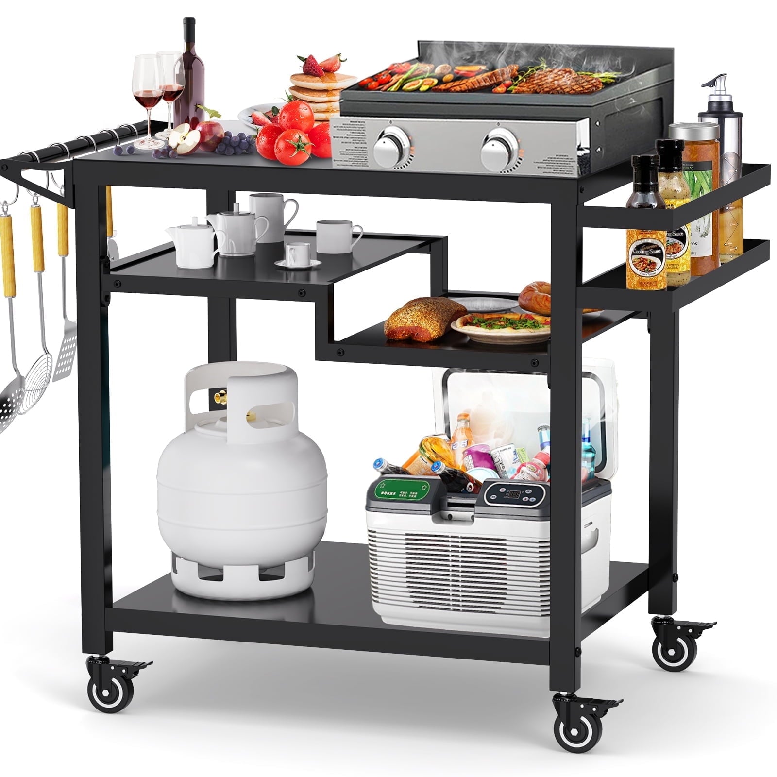 Movable Grill Table, Double-Shelf Outdoor BBQ Grill Cart, Rolling Kitchen Dining Cart, Black