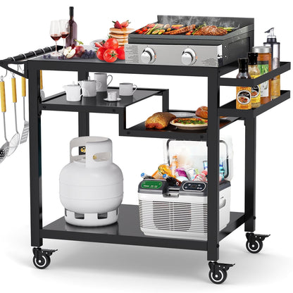 Movable Grill Table, Double-Shelf Outdoor BBQ Grill Cart, Rolling Kitchen Dining Cart, Black