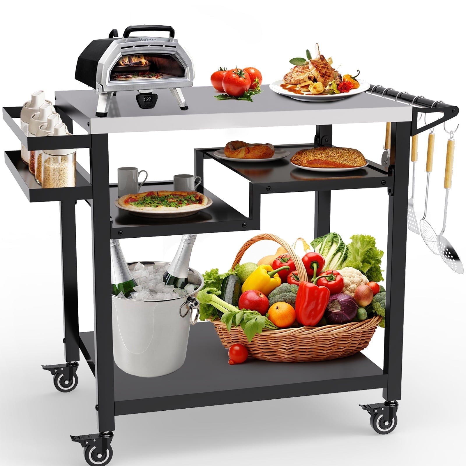 Movable Grill Table, Double-Shelf Outdoor BBQ Grill Cart, Rolling Kitchen Dining Cart, Black