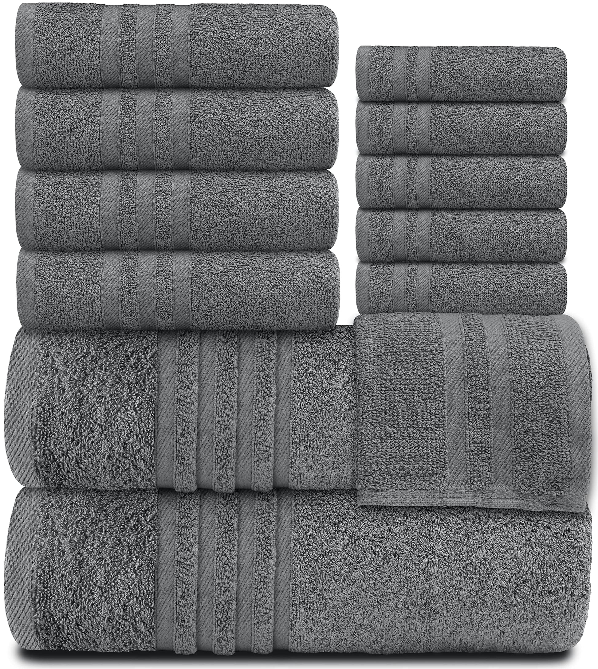 12 Piece Bath Towel Set for Bathroom - Wealuxe Collection 2 Bath Towels, 4 Hand Towels, 6 Washcloths 100% Cotton Soft and Plush Highly Absorbent, Soft Towel for Hotel & Spa - Gray